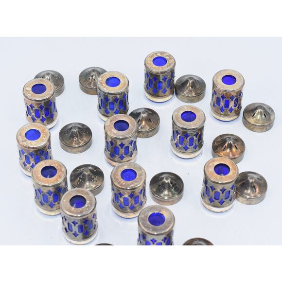 Filigree Sterling Silver Plate Cobalt Blue Glass Mini Salt Pepper Shakers 12pc - Picture 5 of 6